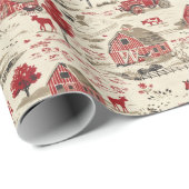 田舎赤い牛舎の赤とクリームのトイル ラッピングペーパー (ロールコーナー)