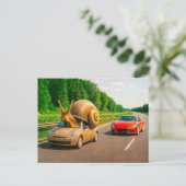 田舎道を這うカタツムリの車 シーズンポストカード (スタンド正面)