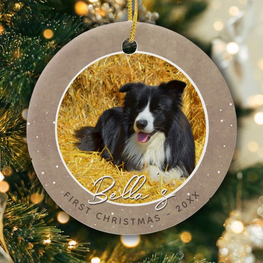田舎風な仔犬の最初のクリスマス 犬の写真  セラミックオーナメント
