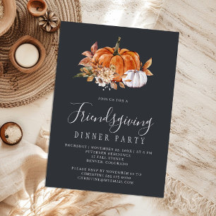 田舎風のかぼちゃの花柄のFriendsgivingディナーパーティー 招待状