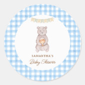 田舎風のクマの水彩ブルーギンガムベビーシャワー ラウンドシール (正面)