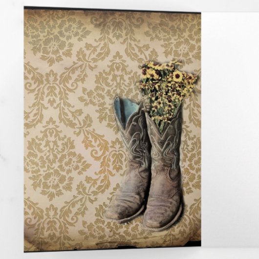 田舎風のダマスク西部の国のカウボーイ・ブーツ 三つ折りカード (内部最初)