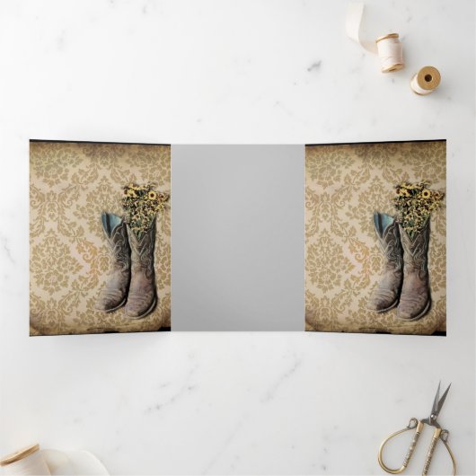 田舎風のダマスク西部の国のカウボーイ・ブーツ 三つ折りカード (内部)