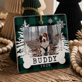 田舎風のチェック柄のクリスマスツリーの犬の写真 セラミックオーナメント
