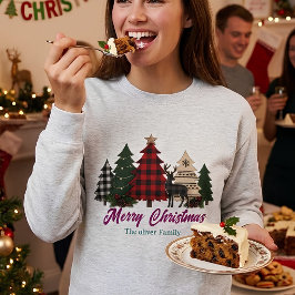 田舎風のチェック柄クリスマスツリーとトナカイのメリー スウェットシャツ