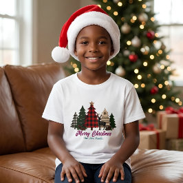 田舎風のチェック柄クリスマスツリー トナカイの子供服 Tシャツ