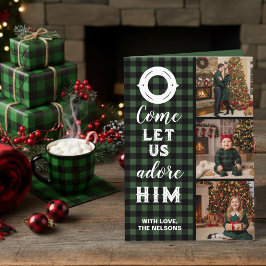 田舎風のバッファロープレイド柄のクリスマスカード「Come+Let+Us+Adore+Him」フォト シーズンカード