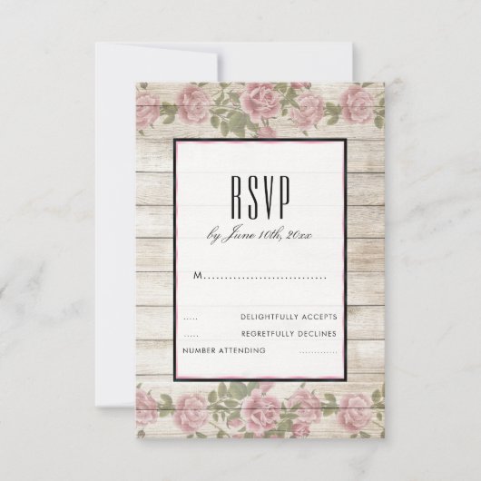 田舎風のバラと木のフレームの結婚式RSVP 出欠カード (正面)