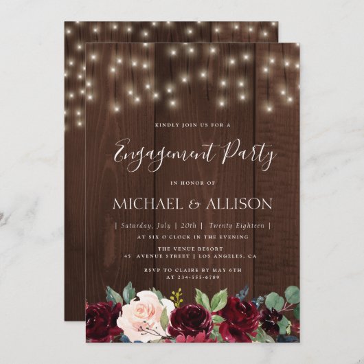 田舎風のブルゴーニュフローラ婚約パーティ 招待状 (正面/裏面)