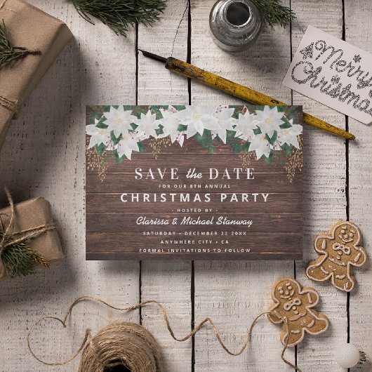 田舎風のポインセチアのクリスマスのSave the Date シーズンポストカード