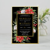 田舎風のポインセチアの花 ブラックのクリスマス+ウェディング 箔招待状 (立ち正面)