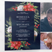 田舎風のポインセチアQRコード クリスマス ネイビーブルーの結婚式 三つ折り招待状 (内部最初)