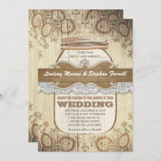 田舎風のメイスンの瓶結婚式招待状 招待状 (正面/裏面)