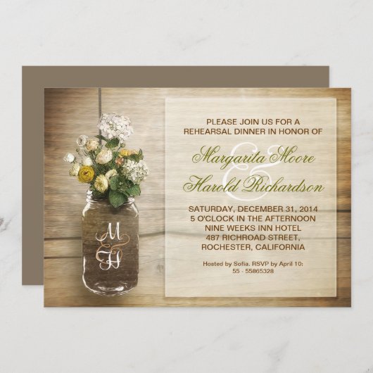 田舎風のメイスンジャーのリハーサル招待状 招待状 (正面/裏面)
