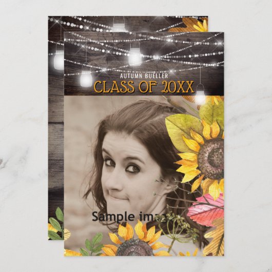 田舎風のメイソンジャー ライト ひまわり フォト 卒業式 招待状 (正面/裏面)