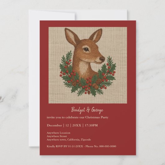 田舎風の刺繍 鹿とホリデーグリーン クリスマス (正面)