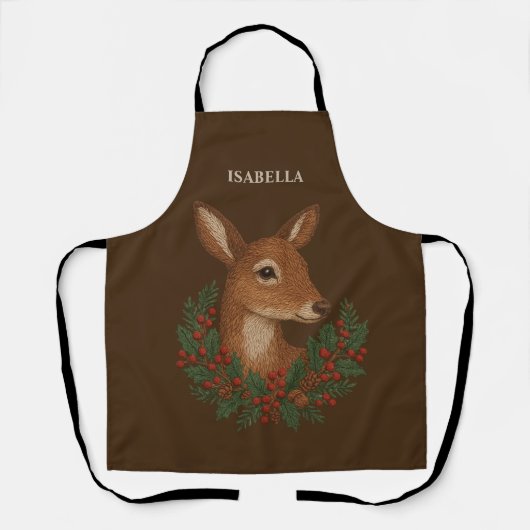 田舎風の刺繍 鹿とホリデーグリーン クリスマス エプロン (正面)