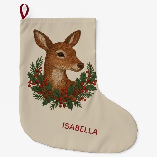 田舎風の刺繍 鹿とホリデーグリーン クリスマス ラージクリスマスストッキング (正面)