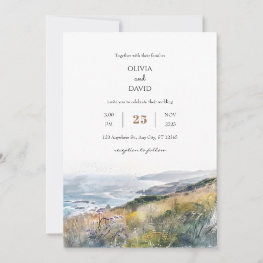 田舎風の吹く風の強いブルーフスオーシャンビュービーチウェディング 招待状 (正面)