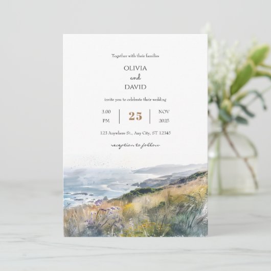 田舎風の吹く風の強いブルーフスオーシャンビュービーチウェディング 招待状 (スタンド正面)