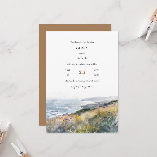 田舎風の吹く風の強いブルーフスオーシャンビュービーチウェディング 招待状 (正面/裏面インサイチュ)