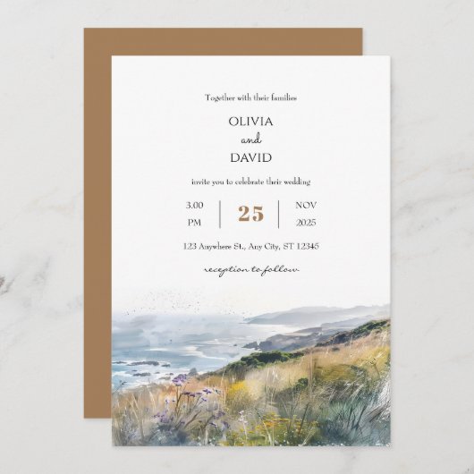 田舎風の吹く風の強いブルーフスオーシャンビュービーチウェディング 招待状 (正面/裏面)