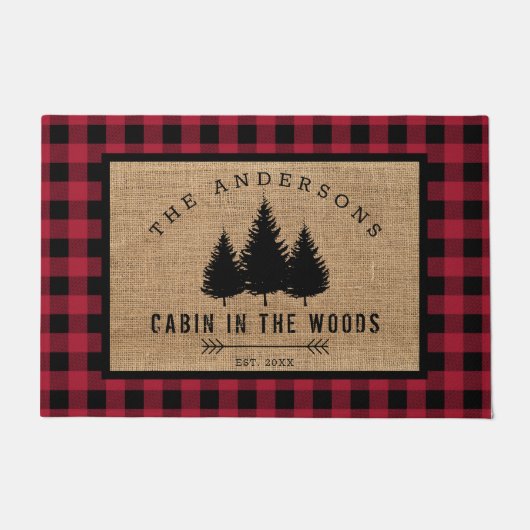 田舎風の家族の名前 森の中のログキャビン ドアマット (正面)