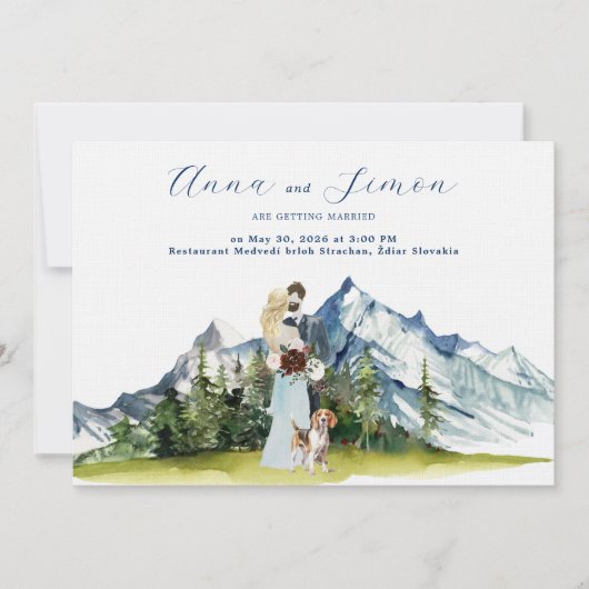 田舎風の山のイラストの結婚式 招待状 (正面)