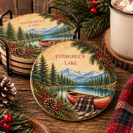 田舎風の山の湖のカヌーロッジキャビンのクリスマス | ラウンドペーパーコースター