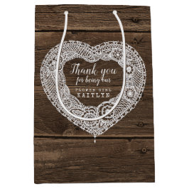 田舎風の木とレースの結婚式の引き出物バッグ ミディアムペーパーバッグ