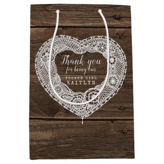 田舎風の木とレースの結婚式の引き出物バッグ ミディアムペーパーバッグ (正面)