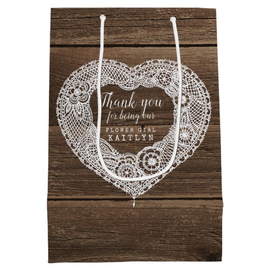 田舎風の木とレースの結婚式の引き出物バッグ ミディアムペーパーバッグ (裏面)