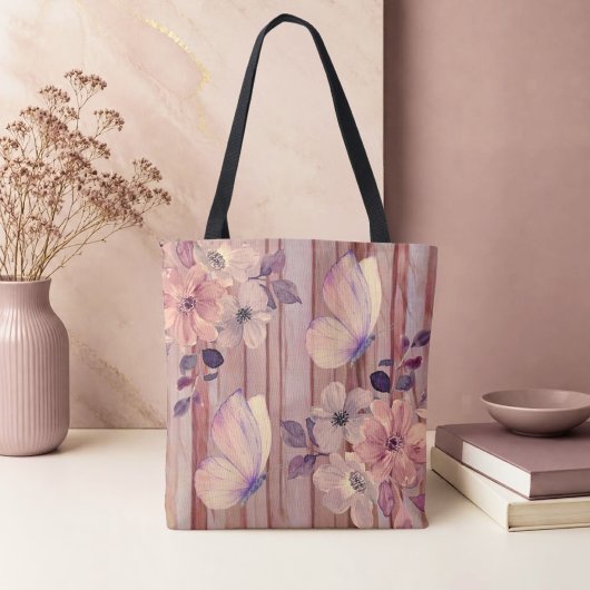 田舎風の木の花と蝶々 トートバッグ