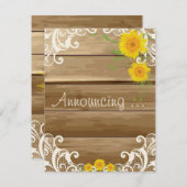 田舎風の木製ひまわりとヴィンテージ・レースのエンゲージメント 案内状 (正面/裏面)