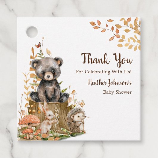 田舎風の森の中のニュートラルなベビーシャワーの本 フェイバータグ (正面)