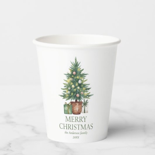 田舎風の水彩クリスマスツリーのフォトなし 紙コップ (正面)