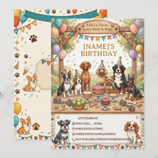 田舎風の水彩画の子犬 誕生日パーティー どの年齢にも対応 招待状 (正面/裏面)