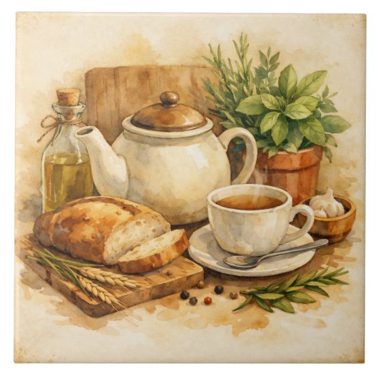 田舎風の水彩画　地中海の朝食 タイル (正面)