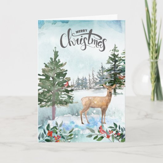 田舎風の水彩画 森のシカ クリスマス カード (正面)