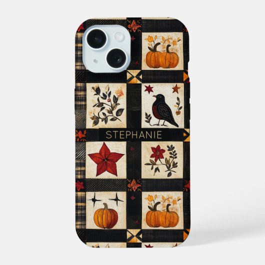 田舎風の秋のキルト柄 iPhone 15ケース (裏面)