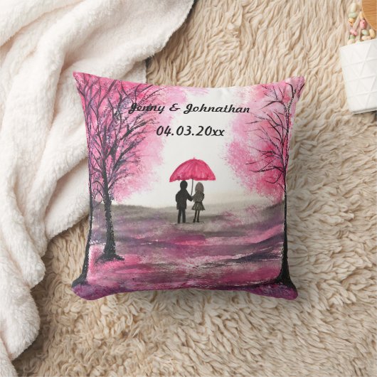 田舎風の結婚式の愛のカップルと桜の木 クッション (ブランケット)