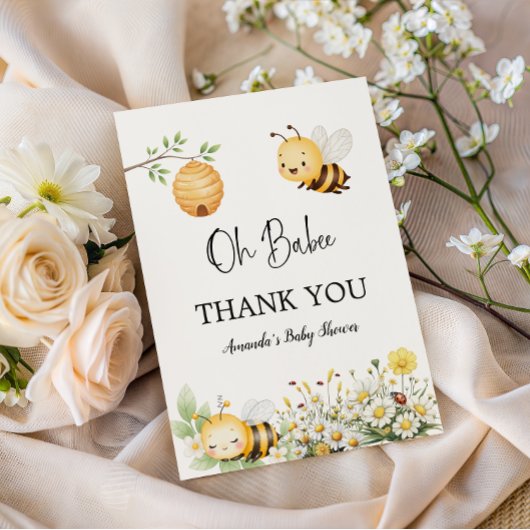 田舎風の花とデイジーの「Oh Babee Honey Bee」ベビーシャワー サンキューカード