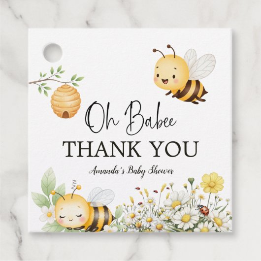 田舎風の花とデイジーの「Oh Babee Honey Bee」ベビーシャワー フェイバータグ (正面)