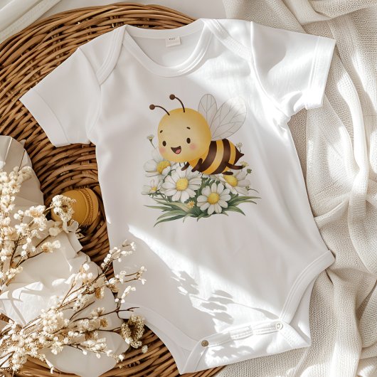 田舎風の花とデイジーの「Oh Babee Honey Bee」ベビーシャワー ベビーボディスーツ