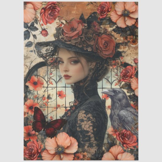 田舎風の花柄の乙女なファンタジーアートコラージュデコパージュ 薄葉紙 (正面)