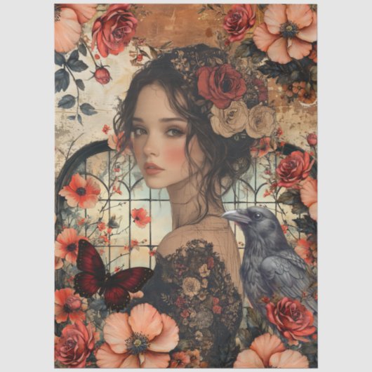田舎風の花柄の乙女なファンタジーアートコラージュデコパージュ 薄葉紙 (正面)