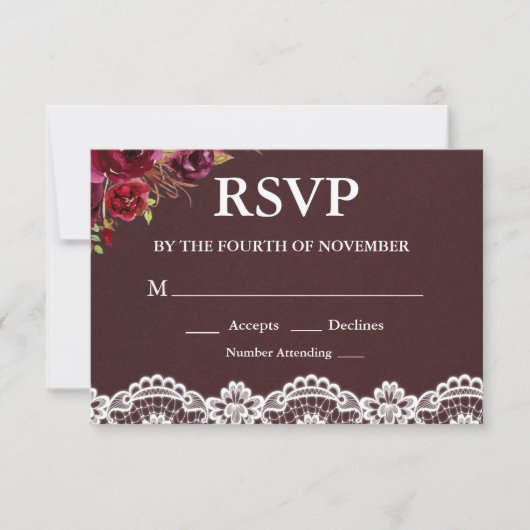 田舎風の花柄レースの結婚式RSVP 出欠カード (正面)