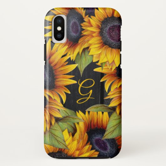 田舎風の花柄 サンフラワー 黄色い納屋の木のモノグラム Case-Mate iPhoneケース (裏面)