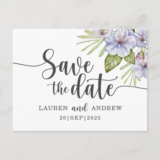 田舎風の花柄 パープルのSave the Dateポストカード ポストカード (正面)