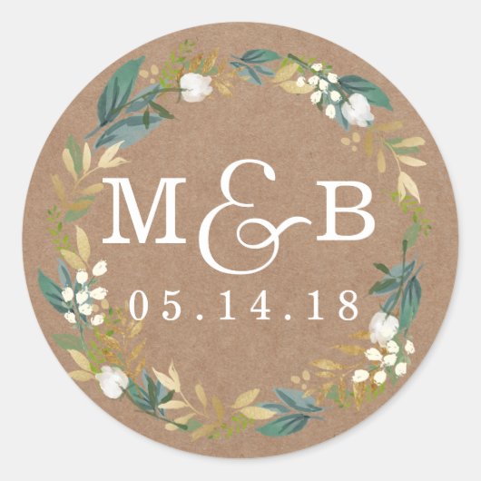 田舎風の花輪の結婚式モノグラムステッカー ラウンドシール (正面)